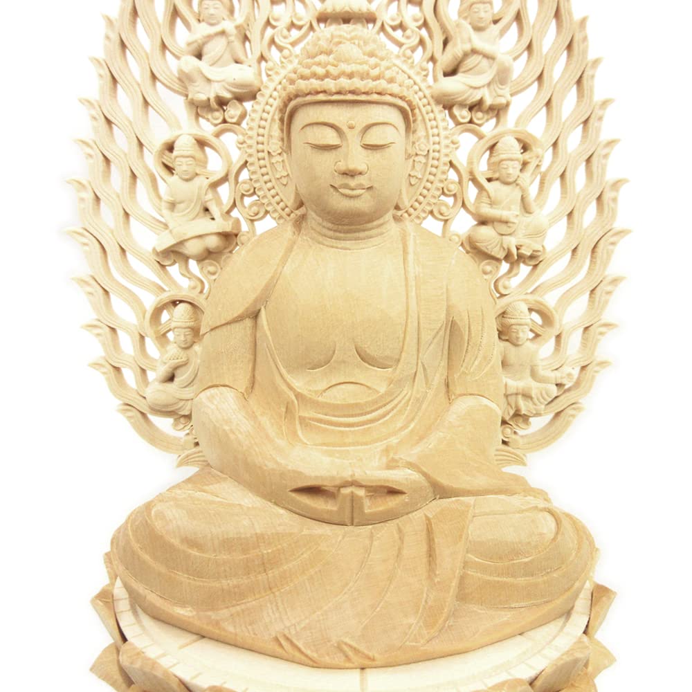 Speciální buddhistická socha Amitábha Njorai sedící socha palců výška 30 šířka 14 hloubka 14 létající nebeská svatozář osmiúhelníkový podstavec dřevořezba vyrobeno z