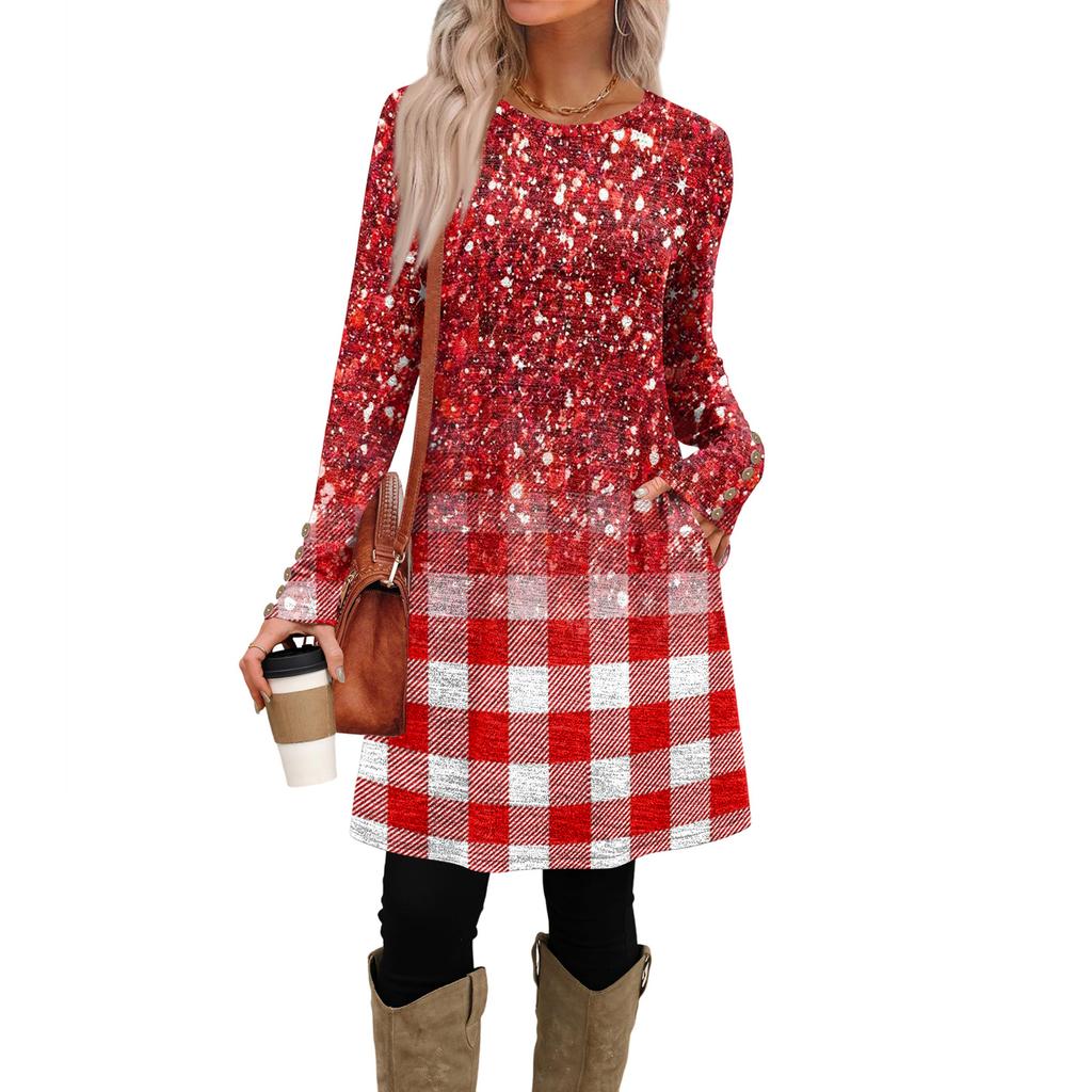 Women's Fashion Casual Dress With Pockets, Decorative Buttons, Round Neck And Long Sleeves