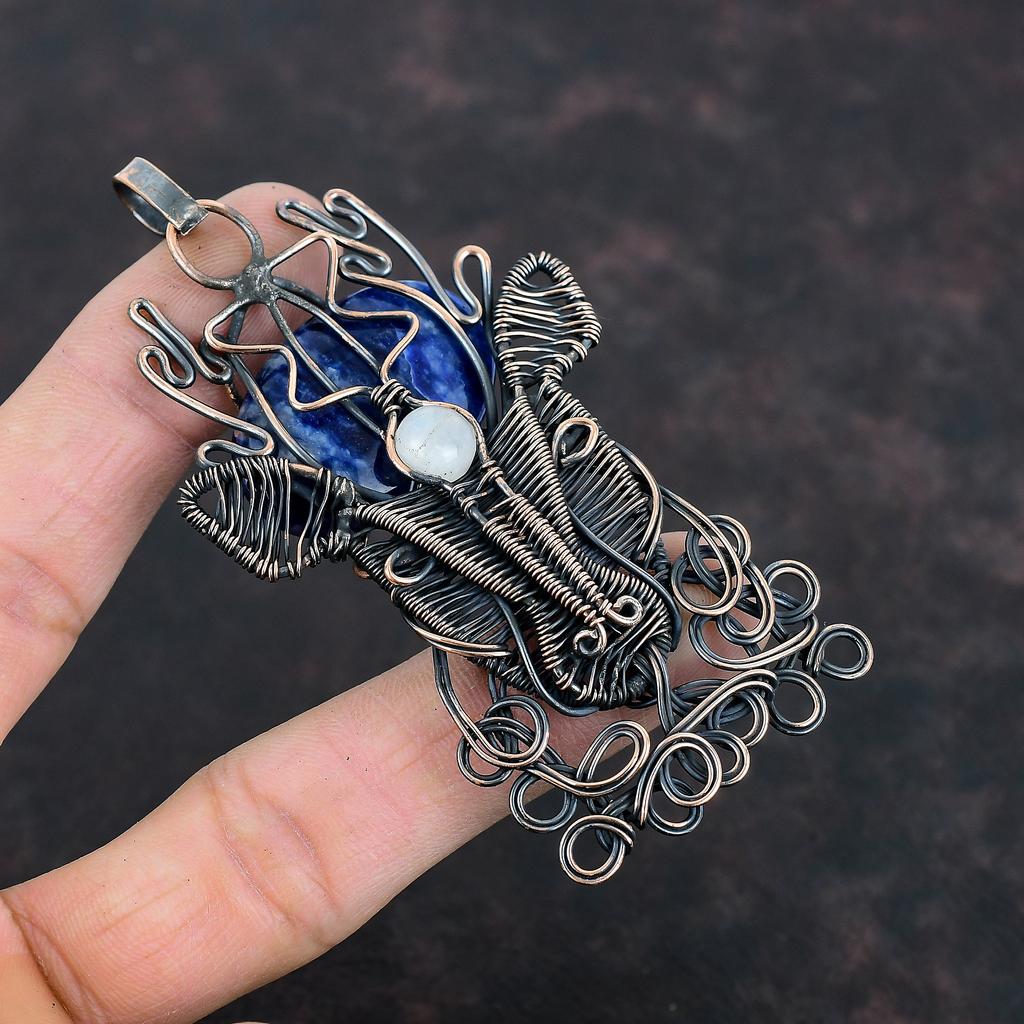 Sodalite Pendant Copper Wire Wrapped Rainbow Moonstone Pendant Wire Wrap Gemstone Jewelry Handmade Deer Face Pendant Copper Jewelry For Gift
