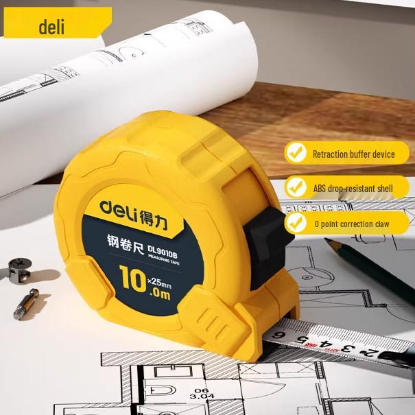 Deli DL9010B High-Precision 10m x 25mm Steel Tape Measure - Retractable, Thickened, Widened, Wear-Resistant Ruler.
