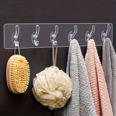 1pc Clear Acrylic Storage Rack With 6 Hooks, Waterproof Adhesive Hooks, Nailless Wall Hanging Hooks, Bathroom Towel Hooks, Household Storage Organizer