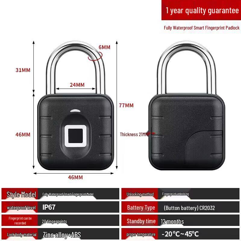 Smart Fingerprint Padlock 20 Fingerprint Capacity