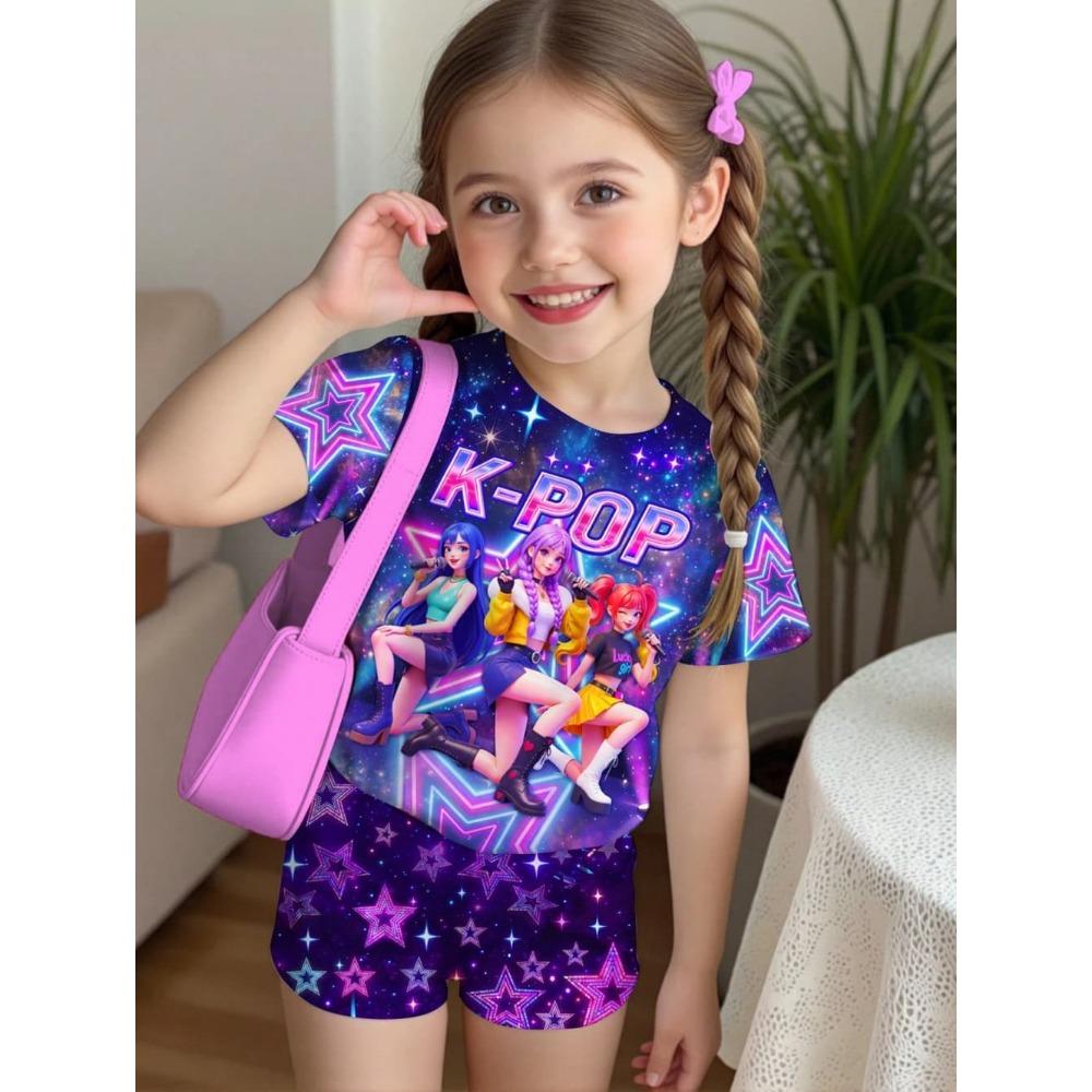 K-Pop-Cartoon-Grafik-T-Shirt- und Hosen-Set für Mädchen, Sommerkleidung für Mädchen, süßes Kurzarm-Set, Kinder-T-Shirt- und Shorts-Set