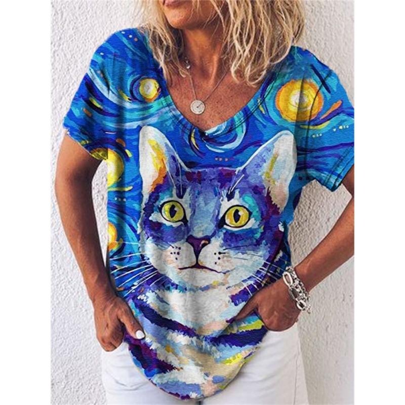 Summer V-neck 3D Printed Top Fashionable Casual Short Sleeved Women's T-shirts