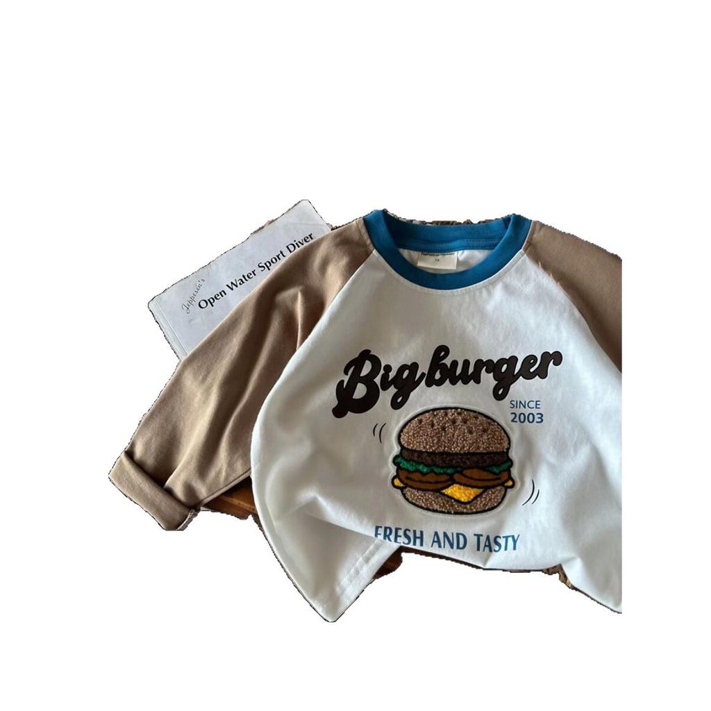 Boys Long Sleeve Cotton T Shirt with Cartoon Embroidery for Spring Autumn