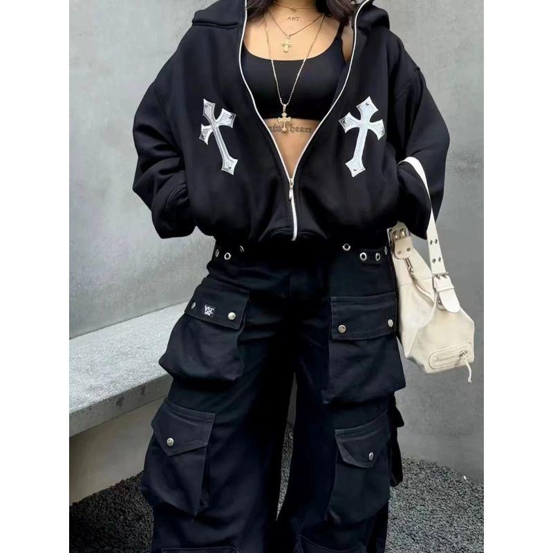 Fashion Wind Cross Print Sweatshirt Loose Sports Hoodie Printed Zipper Hooded Top
