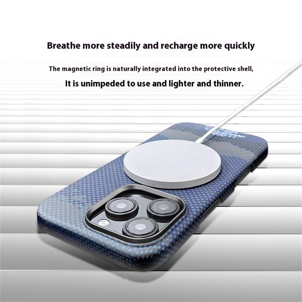 For iPhone 15 Pro Max Magnetic Case Large Camera Cutout Aramid Fiber Phone Cover with Metal Lens Frame