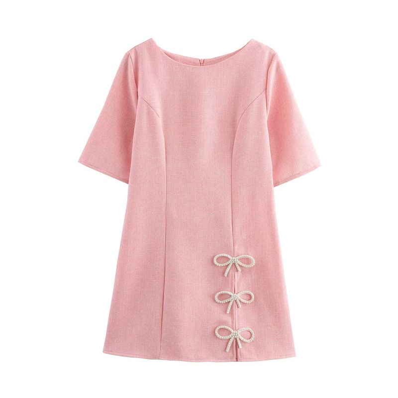 

Kaslead Новая женская одежда Мода в западном стиле Твидовое платье с круглым вырезом и украшением в виде банта Pink L