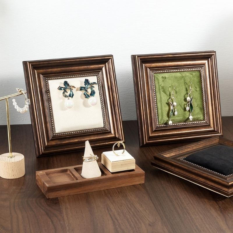 Scandinavian Inspires Wooden Jewelry Presentation Stand Velvets Lining Earrings Ring Accessories Holder