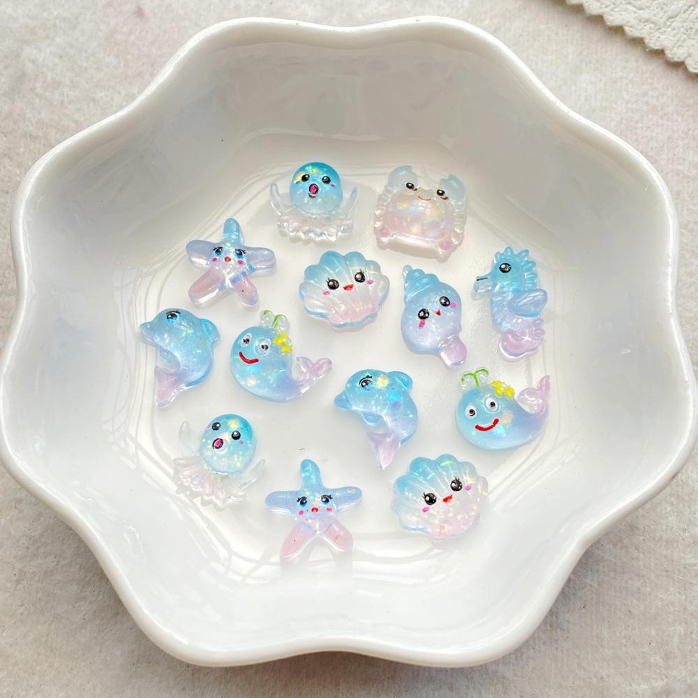 60pcs Resin Mini Blue Jellyfish Seahorse Starfish Pearl Shell Art Nail Flat Back Rhinestone DIY Scrapbook Christmas Crafts