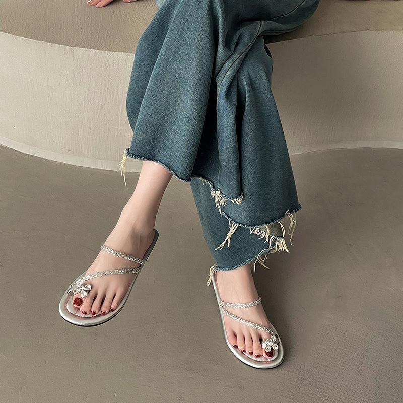 Flat-bottomed French set of toe slippers for women's outerwear, spring and summer 2025, new soft-soled with skirt, rhinestone sandals