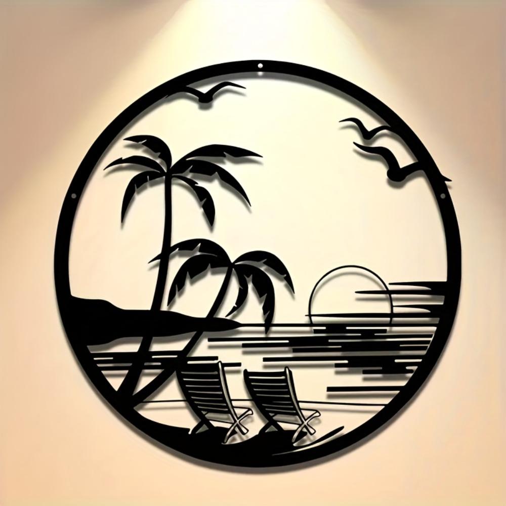 Metal Wall Art Beach Sunset Palm Tree Chair Silhouette Patio Balcony Decor