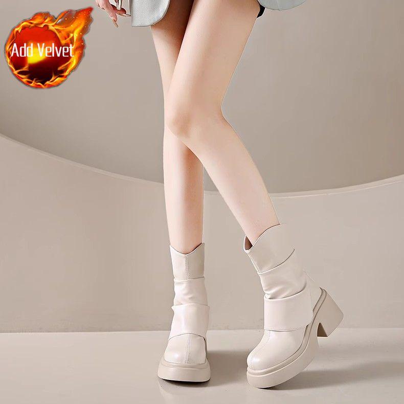 Leather Platform Women's Half High Boots Autumn Winter Round Toe Ladies Mid Calf Shoes New In Gothic Work Gyaru Trend 2025 Boot