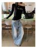 Retro Rhinestone Cold Shoulder Long Sleeve T-shirt in Black - Slim Fit Off-the-Shoulder Top for Women, Spring/Autumn European & American Style.