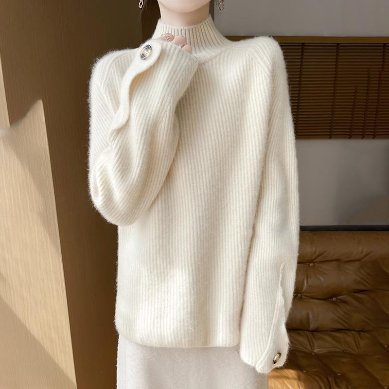 Women's Thick Wool Knit Pullover Sweater - Half-High Neck, Loose Fit, Cozy Style