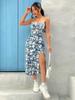 New floral suspender split dress European and American printing sexy slim fit medium and long spicy