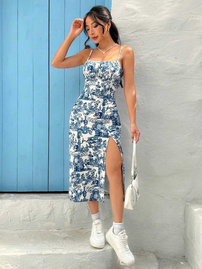 New floral suspender split dress European and American printing sexy slim fit medium and long spicy