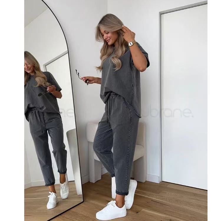 Damen Zweiteiliges Outfit Lockerer Schnitt Kurzarm-T-Shirt Jogginghose mit Kordelzug Passendes Set