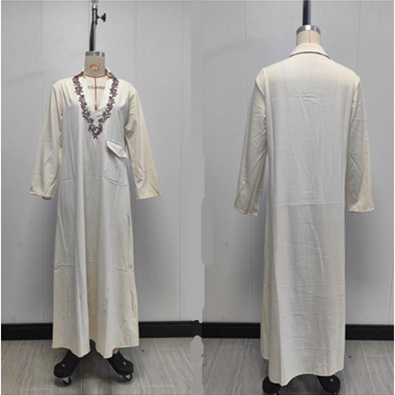 Lapel Collar Leaf Embroidery Linen Cotton Maxi Dress Pocket Loose Long Tunic Dress Solid Color Boho Casual Summer Beach Vacation Cover Up Outfit