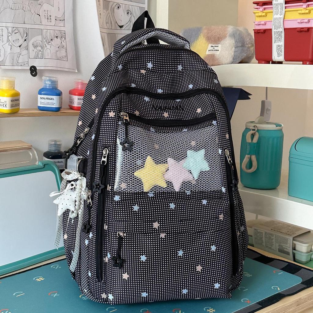 Schoolbag fog beige breathable mesh transparent window DIY backpack for primary and secondary school students sweet wind campus eye-catching schoolbag