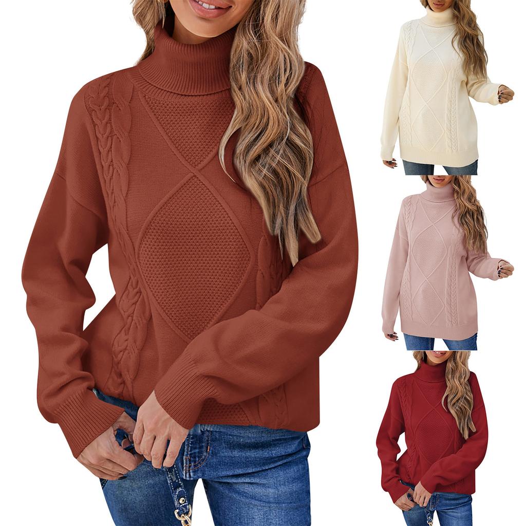 Women Casual Solid Color Pullover High Neck Long Sleeve Sweater Top