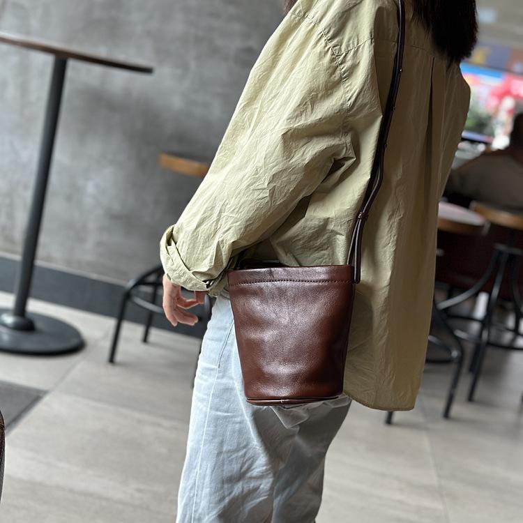 Johnature Casual Women Mini Bag Simple Solid Color Genuine Leather Versatile Small Bucket Shoulder & Crossbody Bags