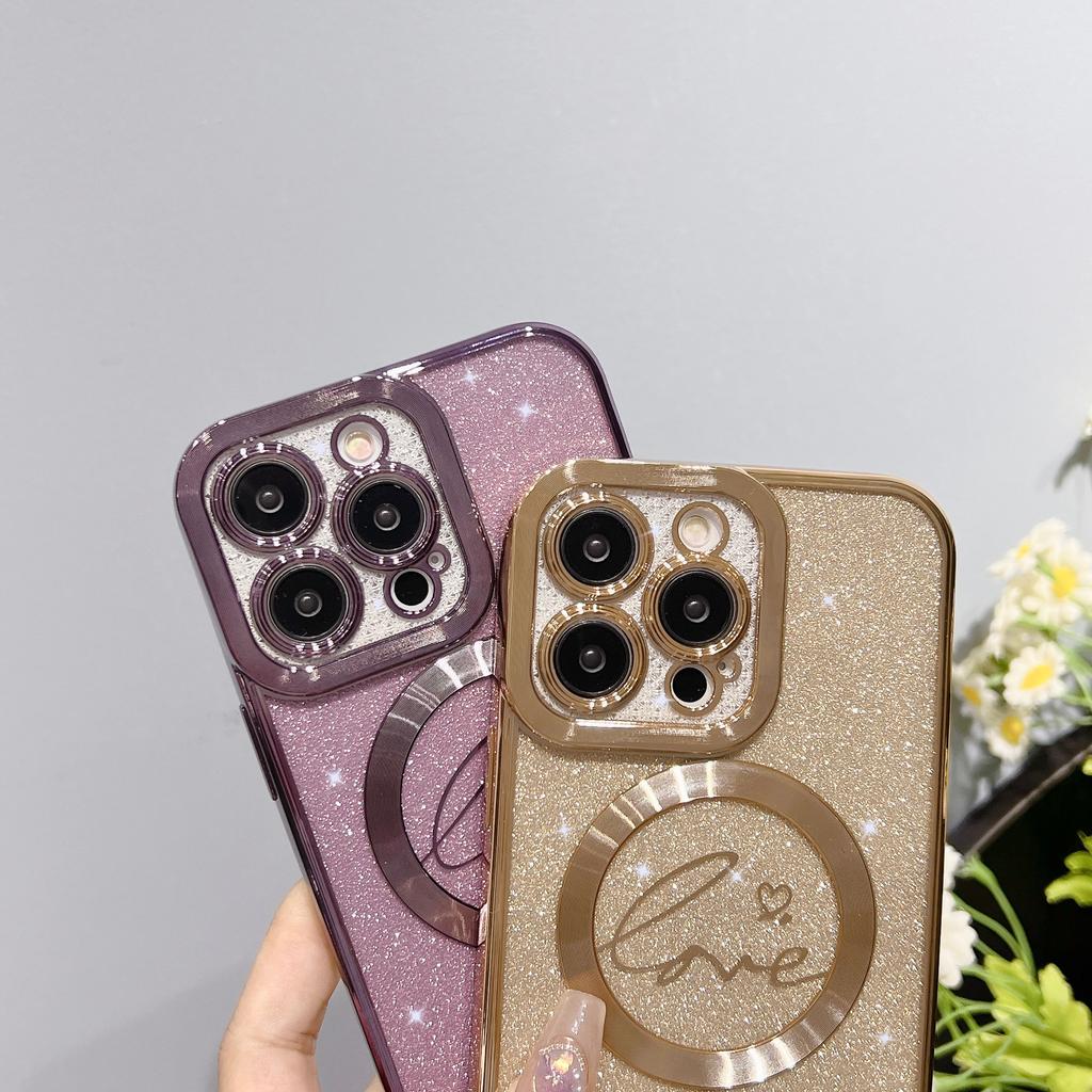 Electroplated Magnetic Soft Case for iPhone 15 Pro Heart Full Coverage Ins Apple 17 Gradient Glitter Phone Case Cover