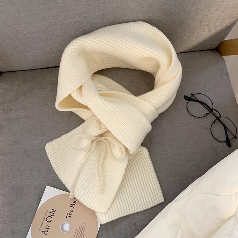 Korean Style Red Bow Woolen Scarf for Women in Autumn and Winter Thickened Warm Neck Protection Knitted Shawl Scarf Winter