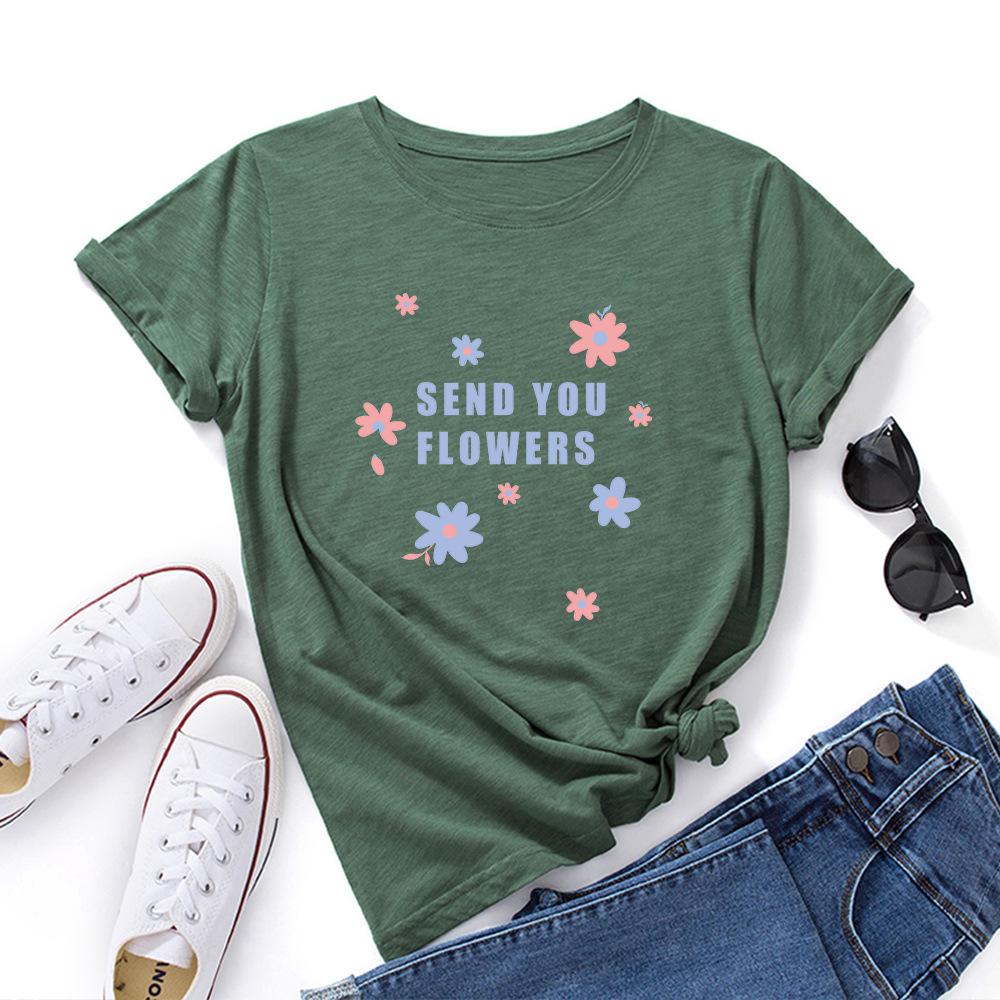 Send You Flowers Cotton T-Shirt Short Sleeve Round Neck Women 2d Print Tops