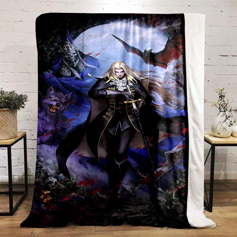 A vampire-like figure in black with supernatural creatures and a full moon. for all seasons blanket lunch break throw gift