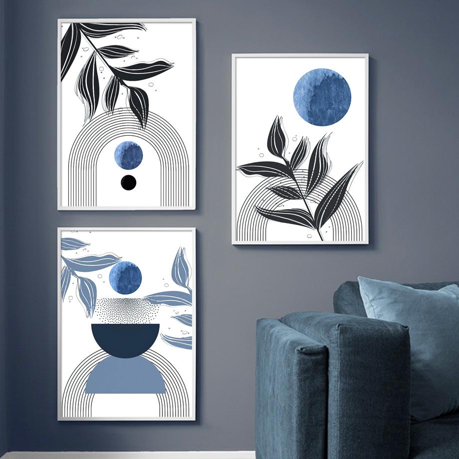 Boho blaue abstrakte Poster und Drucke moderne Mitte des Jahrhunderts Geometrie Linie Wandkunst Monstera Blatt Leinwand Malerei Innenraum Dekor