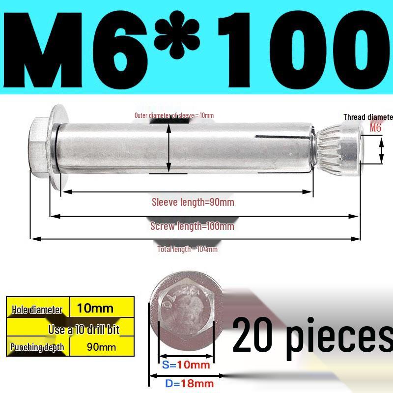 Stainless Steel Expansion Screw: Hexagonal Head with Internal Expansion (304/201), Sizes M6, M8, M10, M12.