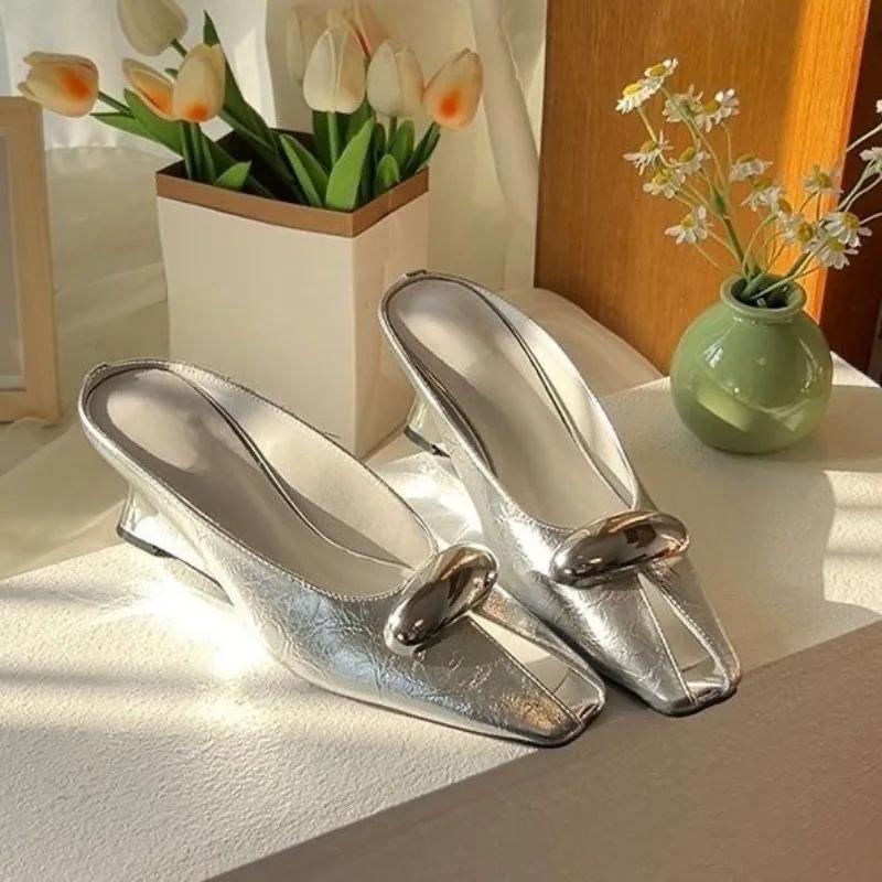 Fashion Retro Baotou Half Slippers Women Summer Square Toe Shallow Mouth Metal Buckle Versatile Sexy Wedge Sandals