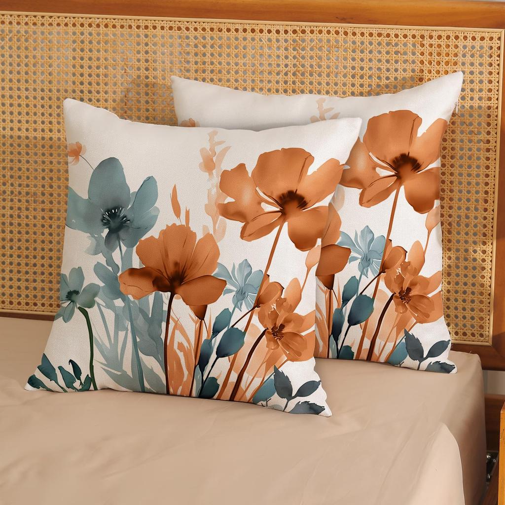 18*18 inch spring linen green plant purple flower pillowcase 2-piece suitable for sofa bedroom outdoor Brown-green