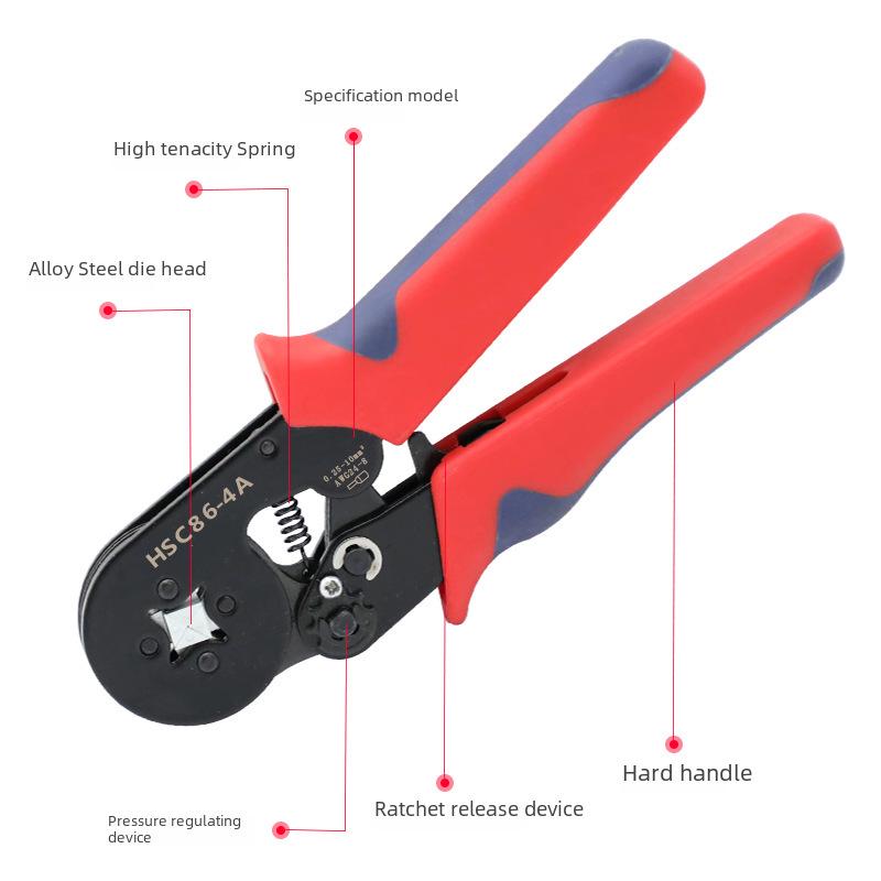 HSC8 6-4A Self-Adjusting Crimping Tool for VE Tube Terminals, 0.25-10mm Range, Quadrilateral Crimping.