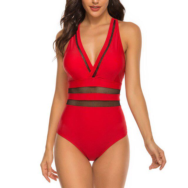 Sexy Swimwear Women One Piece Swimsuits Solid Mesh Bathing Suits Cross Back Beach Wear