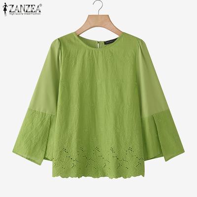 Women Casual Round Neck Embroidery Crochet Loose Long Sleeve Blouse