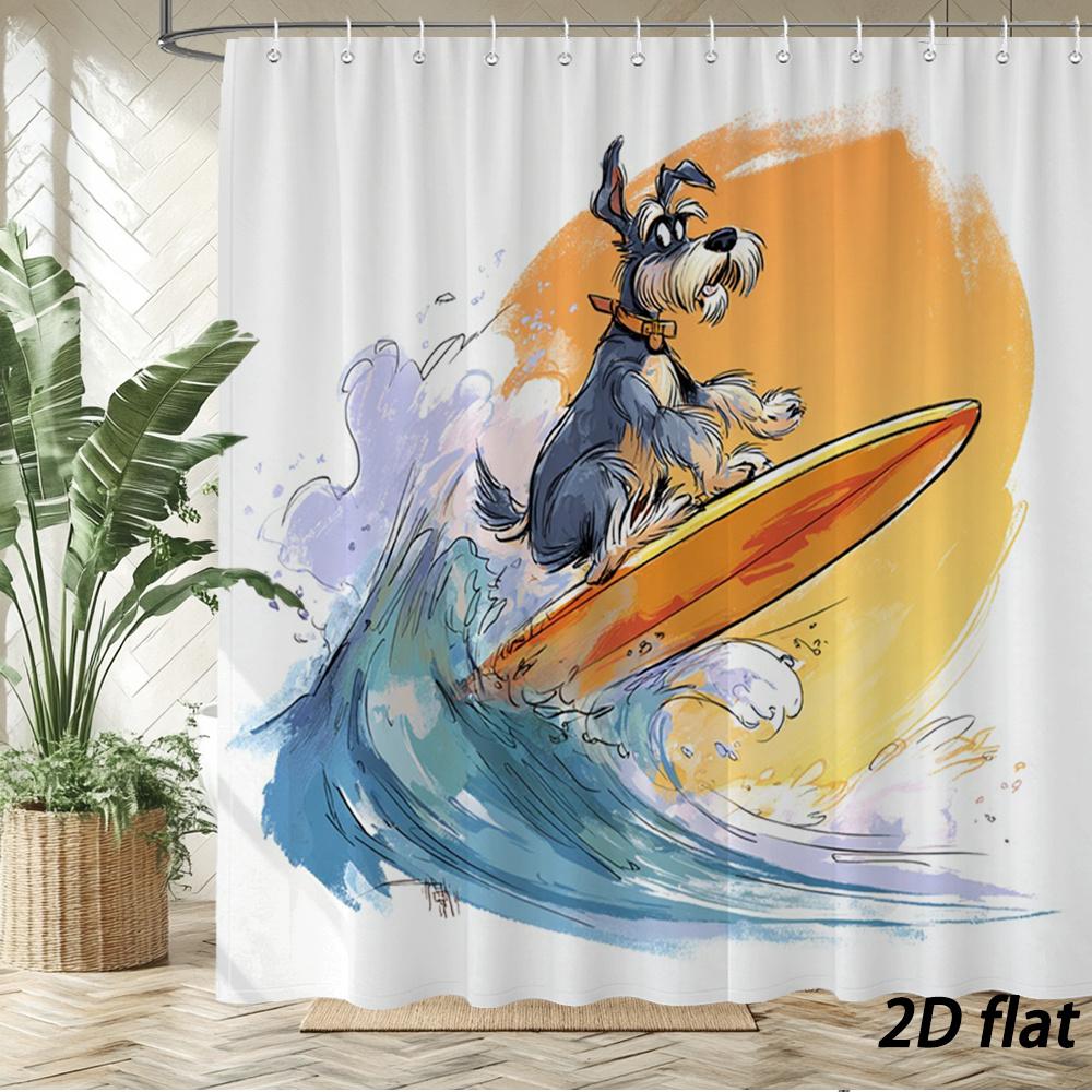 

Schnauzer Surfing Shower Curtain – Cartoon Dog On Red Surfboard With Yellow Sunglasses, Blue Wave Background, 12 Hooks W60H190(CM)-1 Pcs