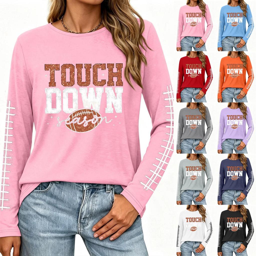 Women's Fashion Long Sleeve Neck Top with Rugby Graphic Print and Slit Hem