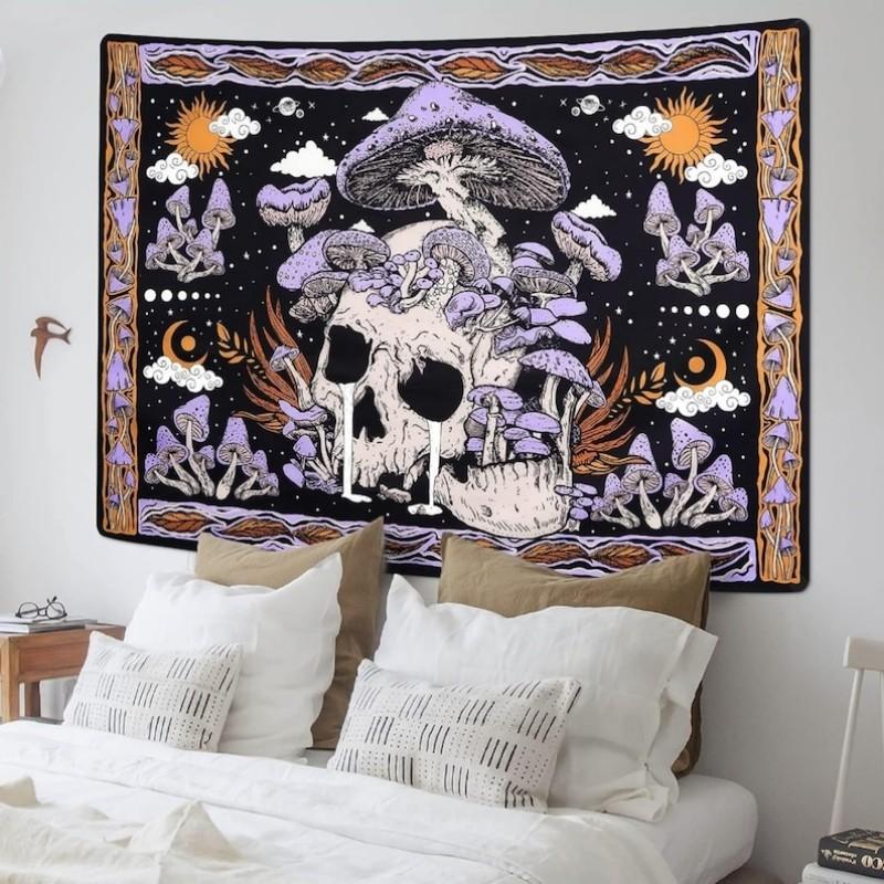 Gothic Dark Skull Tapestry Mushroom Moon Phase Wall Hanging Mysterious Aesthetic Bedroom Living Room Home Decor Wall Art