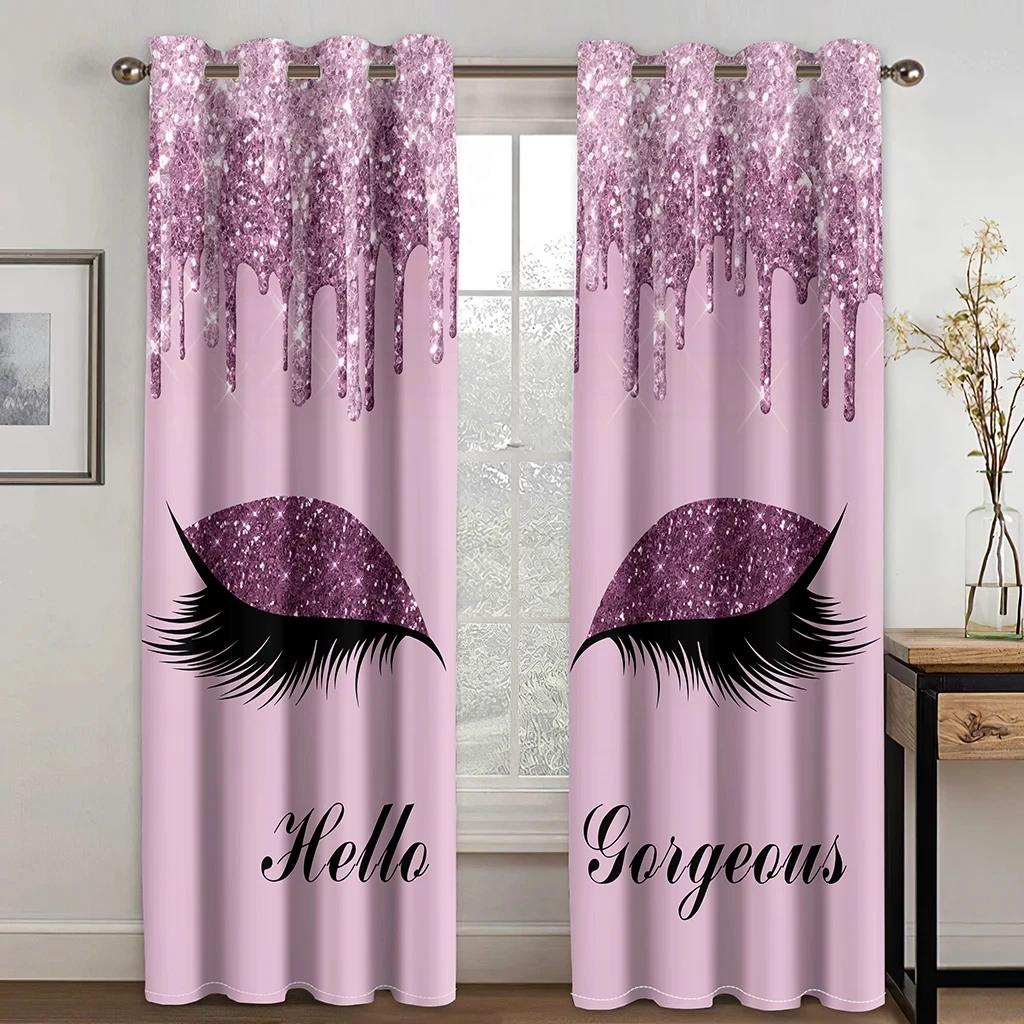 Pink Blue Yellow Eyelash Eyes Thin Shading Curtain for Living Room 2Pieces Kids Bedroom Children WindowsBathroom Decor Hooks
