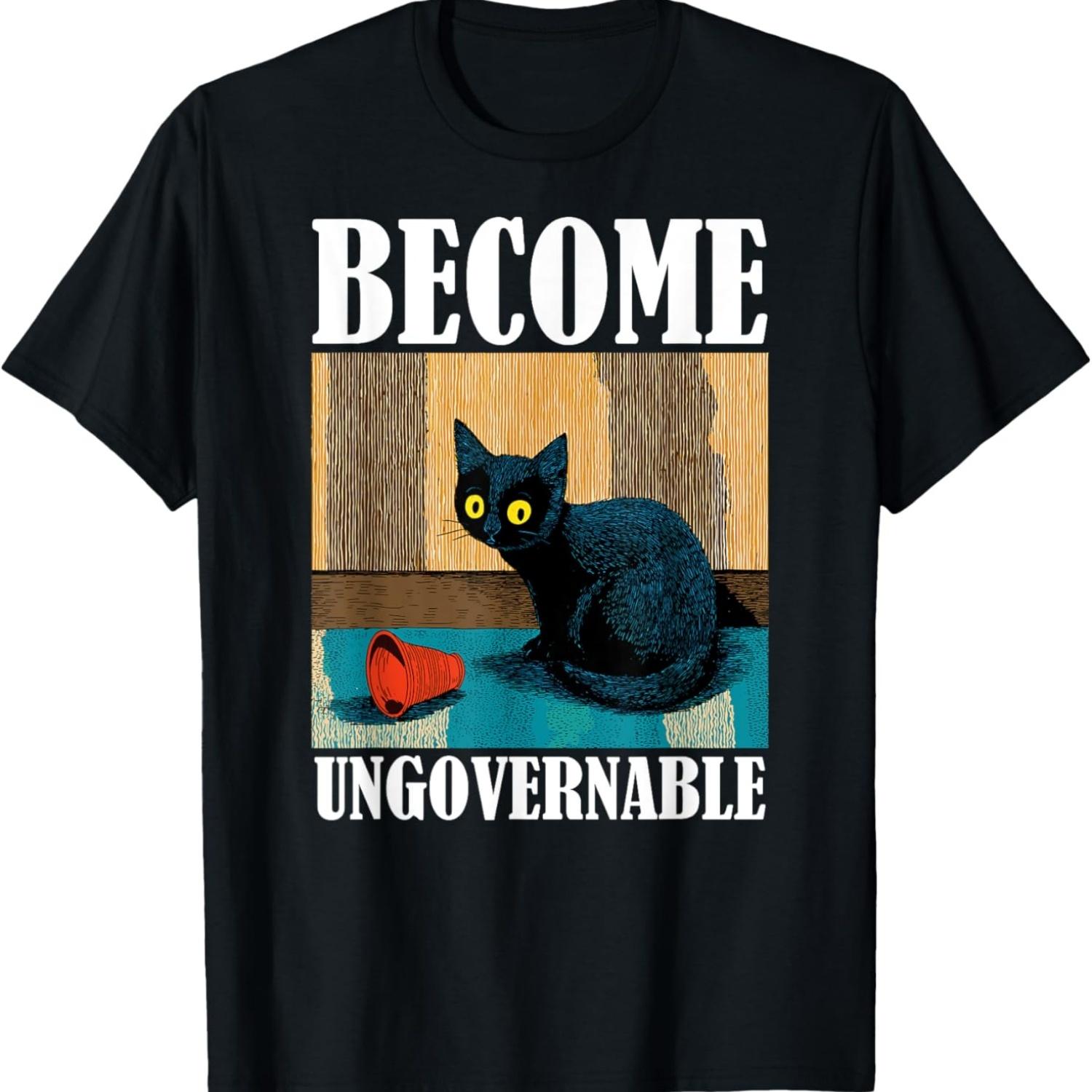 Funny Black Cat Biting Hand Funny Meme, Become Ungovernable T-Shirt S чёрный