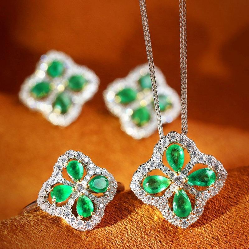 Emerald pendant earrings ring suit necklace elegant green tourmaline colorful jewelry