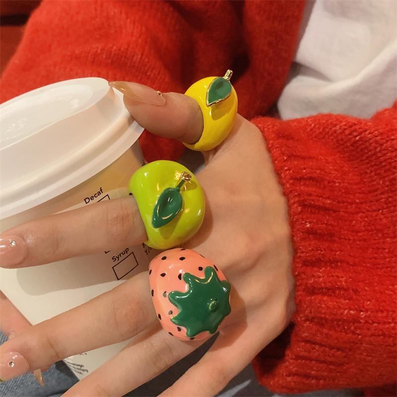 Einzigartiger Erdbeer-Drip-Öl-Ring Zitrone Tropfendes Öl-Gemälde Ring Koreanischer Stil Kirschfrucht Emaille-Ring Geschenk