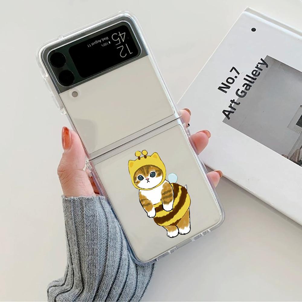 Cute Cartoon Cat Couple Phone Case For Samsung Galaxy Z Flip 6 ZFlip 5 Hard Transparent Cover for Samsung ZFlip 4 ZFlip3 ZFlip7