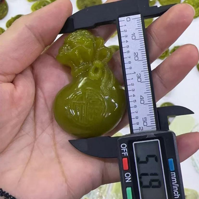 Lucky Jade Avocado Green Coin Purse Pendant Qishi Yuan