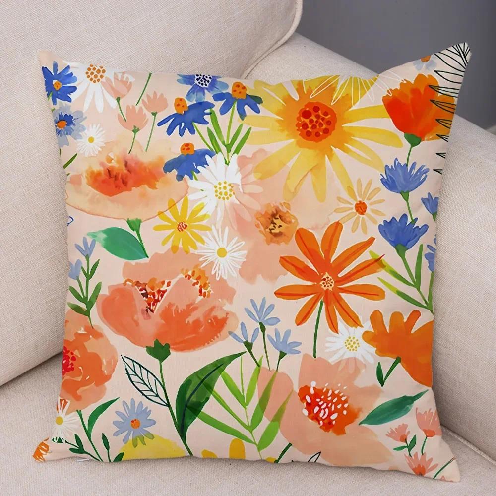 Watercolor Flower Leave Pillow Case Decor Colorful Plant Floal Cushion Cover for Sofa Home Car Soft Plush Pillowcase