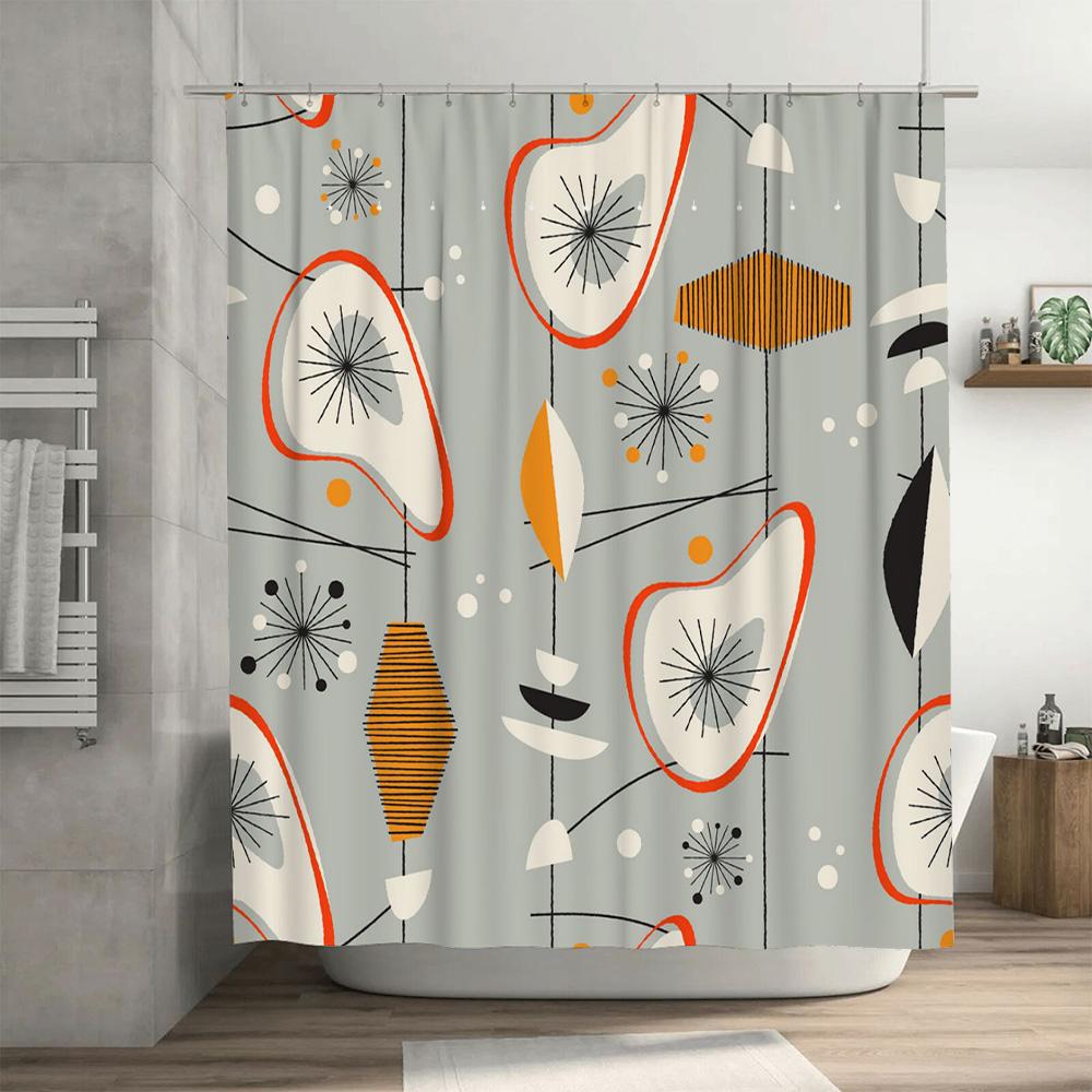Mid-century Modern Shower Curtain with Atomic Retro Pattern Grey Geometric Design for Bathroom Decor In Orange, Black, White Mus