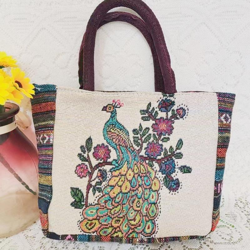 Canvas bag, women's large-capacity double-sided embroidered animal handbag, mommy bag, go shopping, handbag