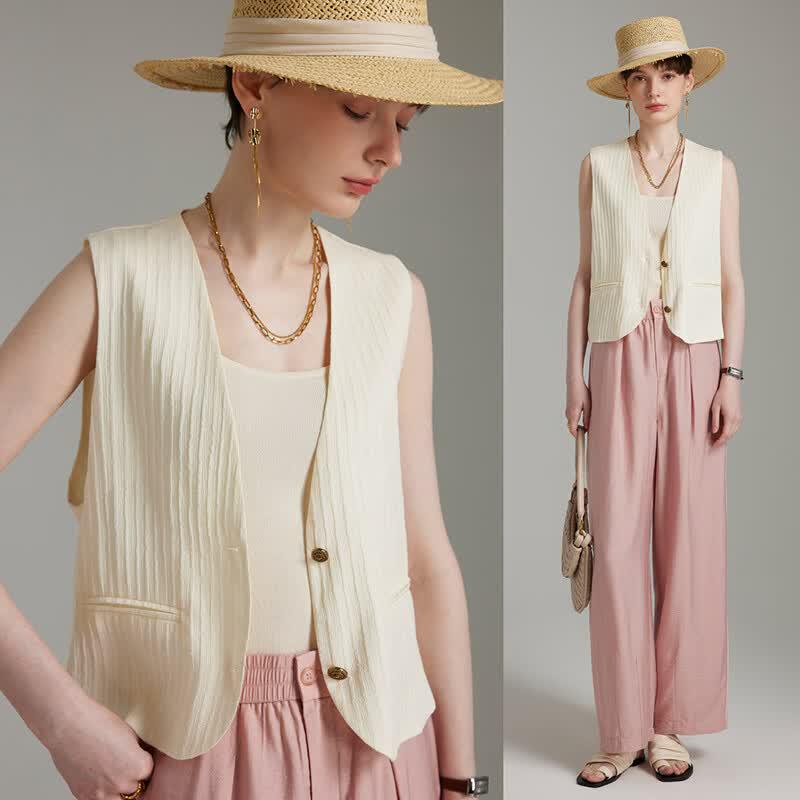 Wudao Women s Textured Sleeveless V-Neck Vest Cardigan L